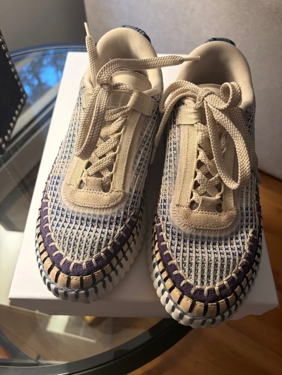 Chloé Cosmic Blue Woven-Trim Sneakers - Cream with Blue Stitching - Picture 2 of 5